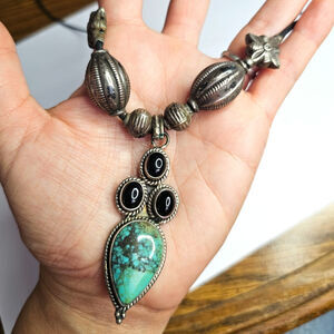 Vintage Nepalese Sterling Turquoise & Onyx Statement Pendant Indian Silver Beads